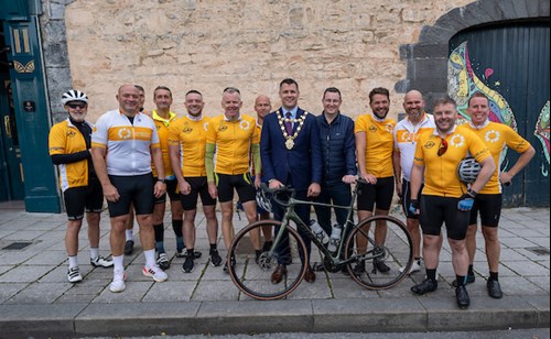 The Ride4Life team with Deputy CEO of Arachas, Joey Wynne, and Galway’s Mayor, Eddie Hoare, at the finish line.